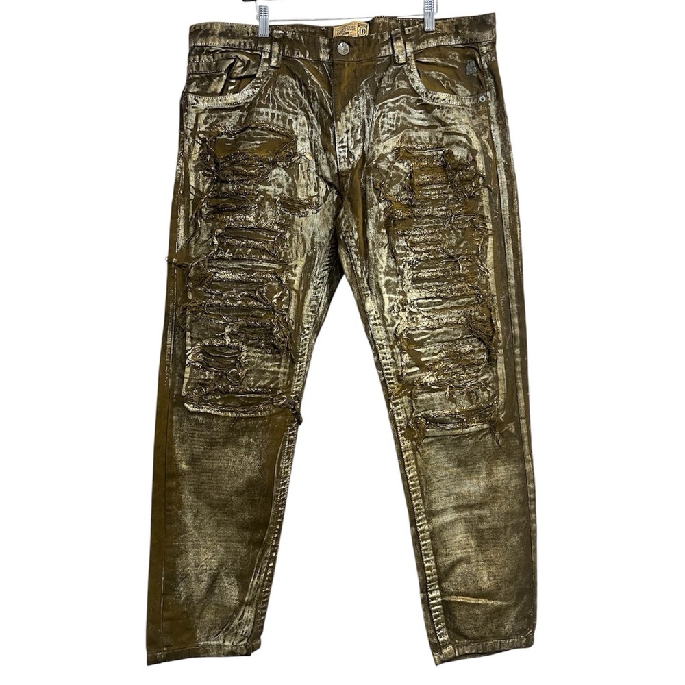 Grindhouse Jeans Gold Metallic Sz‎ 40 Thrashed Biker Moto Grunge Y2K Streetwear